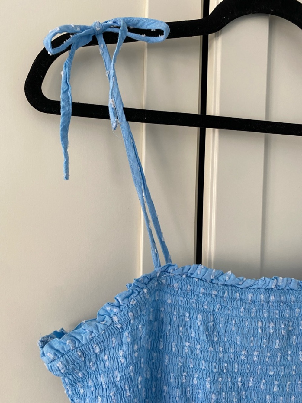 NWT Joe Fresh Light Blue Smocked Tiered Tie-Shoulder Swiss Dot Maxi Dress Size S - Picture 7 of 14